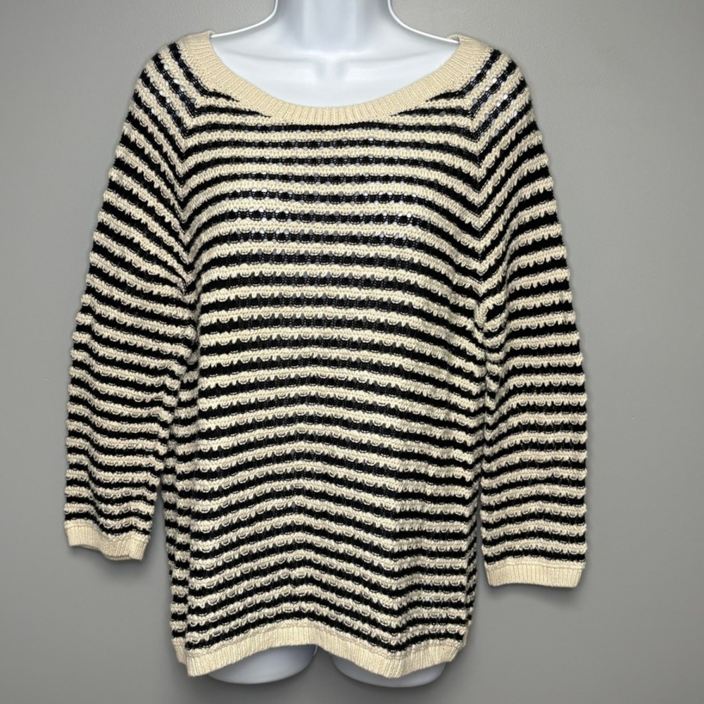 LOFT Open Knit Nautical Preppy Old Money Cotton Navy Ivory Stripe‎ Sweater Sz L